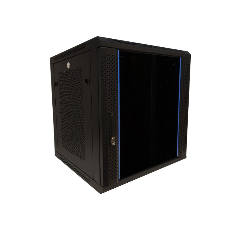 12U seinäkaappi lasiovella - rei'itetyt sivupaneelit 600x600x635mm (LxSxK)
